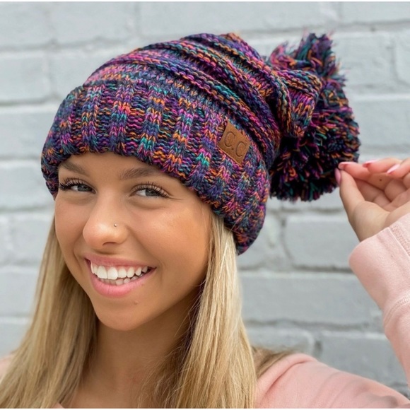 1 LEFT! Women's Oversized Slouchy Multi Color Pom Pom Beanie Winter Hat - Picture 4 of 5